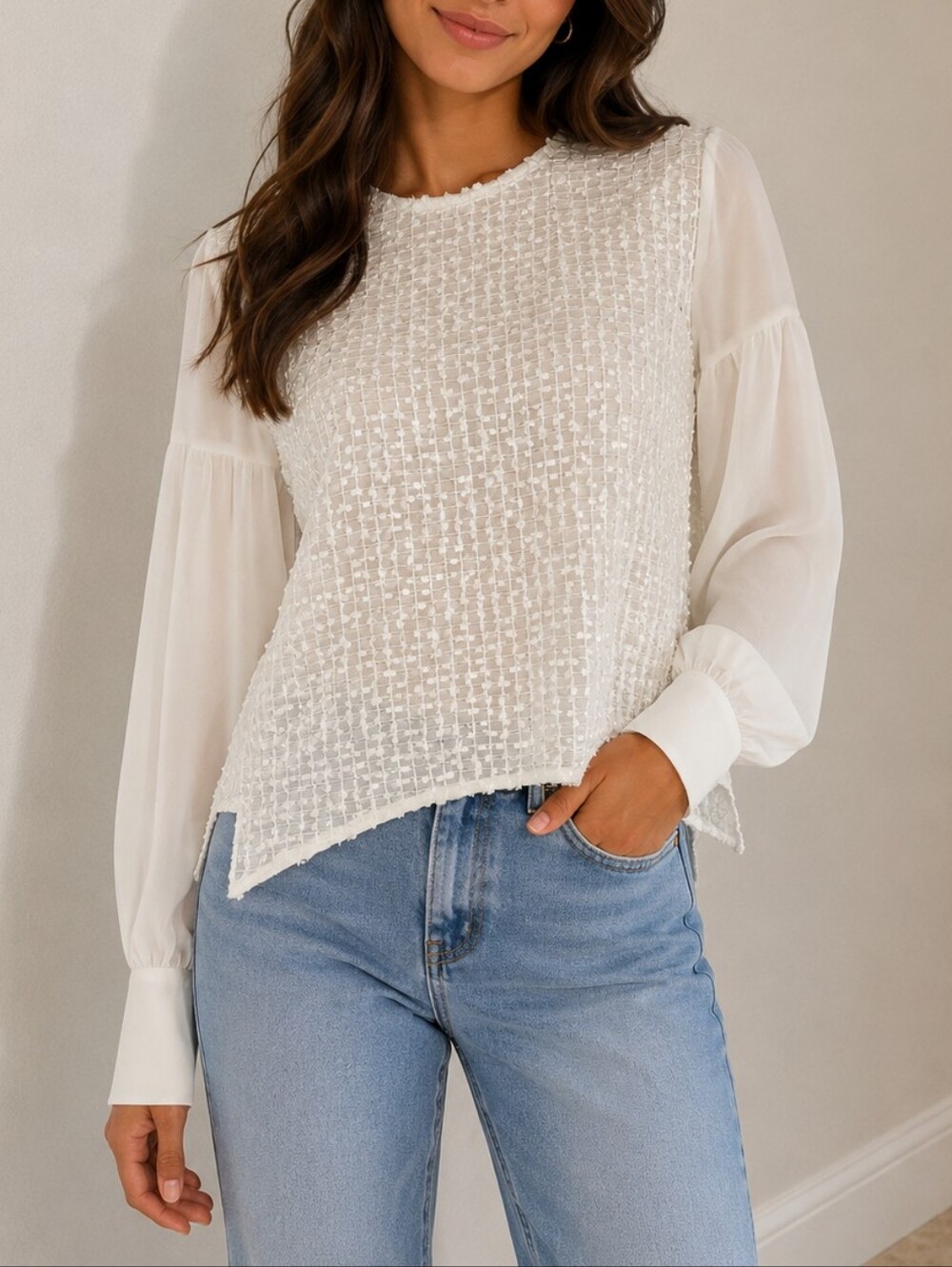 Woven Texture White Long-Sleeve Women's Top